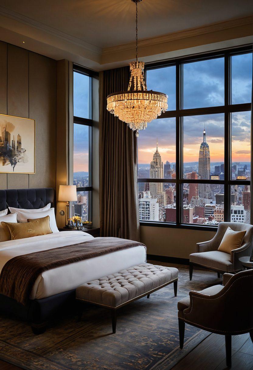 A luxurious hotel room with elegant decor, showcasing a magnificent view of the city skyline through large windows. A cozy corner with plush seating, a stylish chandelier above, and a welcoming atmosphere. Include various suitcase styles representing different travelers, from boutique to luxury. The scene should radiate warmth and sophistication. super-realistic. vibrant colors. soft lighting.