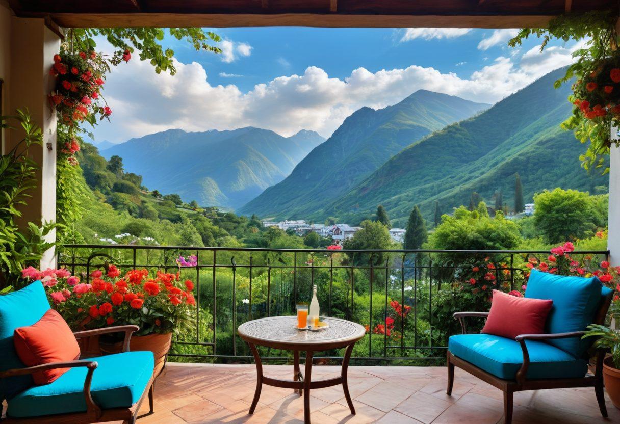 A picturesque scene of a charming hotel nestled in nature, surrounded by lush greenery and colorful flowers. In the foreground, a cozy patio with inviting lounge chairs and a small table adorned with drinks, showcasing a serene ambiance. The backdrop features majestic mountains under a bright blue sky, hinting at the adventures nearby. Soft, warm lighting enhances the idyllic atmosphere, making it feel welcoming and peaceful. super-realistic. vibrant colors. nature-inspired.