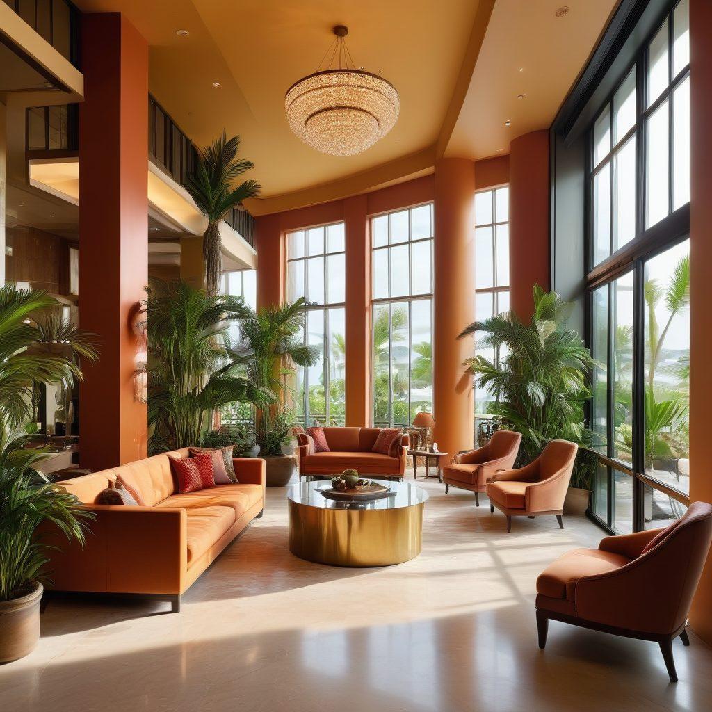 A stunning hotel lobby with luxurious yet budget-friendly decor, showcasing elegant furnishings, warm lighting, and inviting seating areas. In the background, a panoramic view of an exotic beach destination can be seen through large glass windows. To add vibrance, include lush indoor plants and decorative artifacts that reflect diverse cultures. super-realistic. vibrant colors. warm tones.